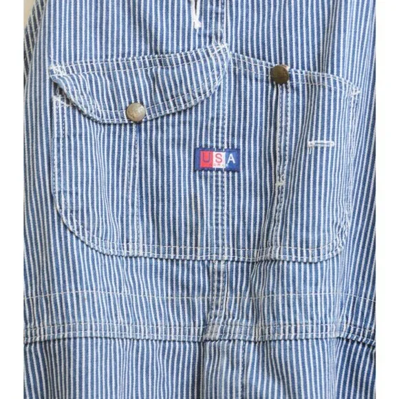 Vtg USA Works Sz 46x30 Railroad Stripe Carpenter Bib Denim Overalls Made in USA